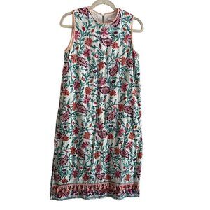 Simi Classic Wmn M White Floral Embroidered Tasseled Sleeveless Midi Shift Dress